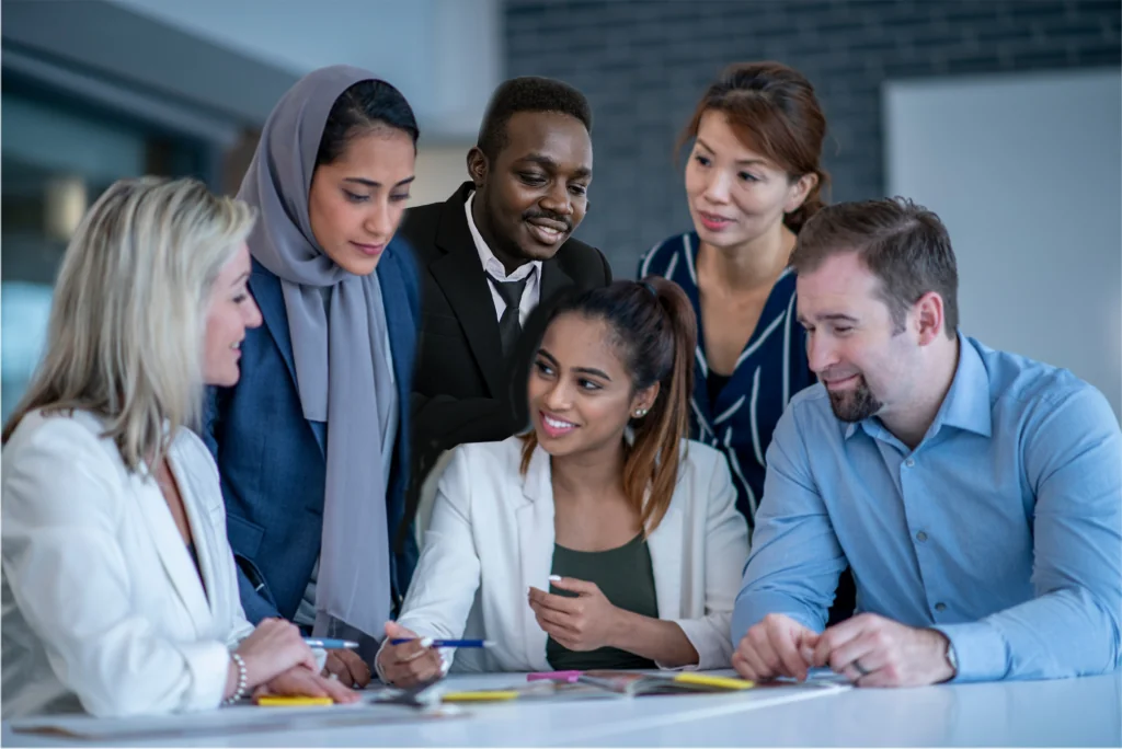 Diverse workforce collaborating on project